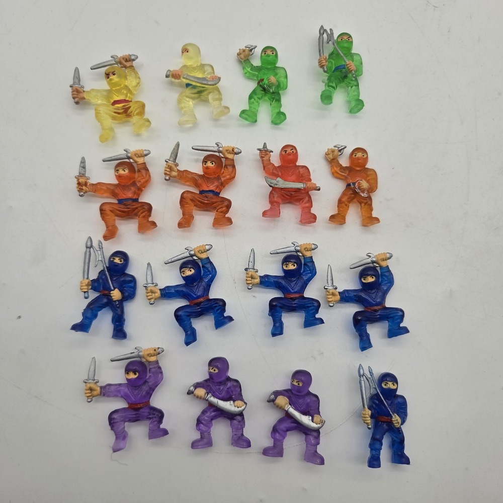 Ninja Mini Figure Set Vinyl Rubber Clear Green Blue Yellow Orange Purple Lot x16